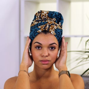 Easy headwrap Satin lined hair bonnet Blue / Mustard classic headband / bandana image 2