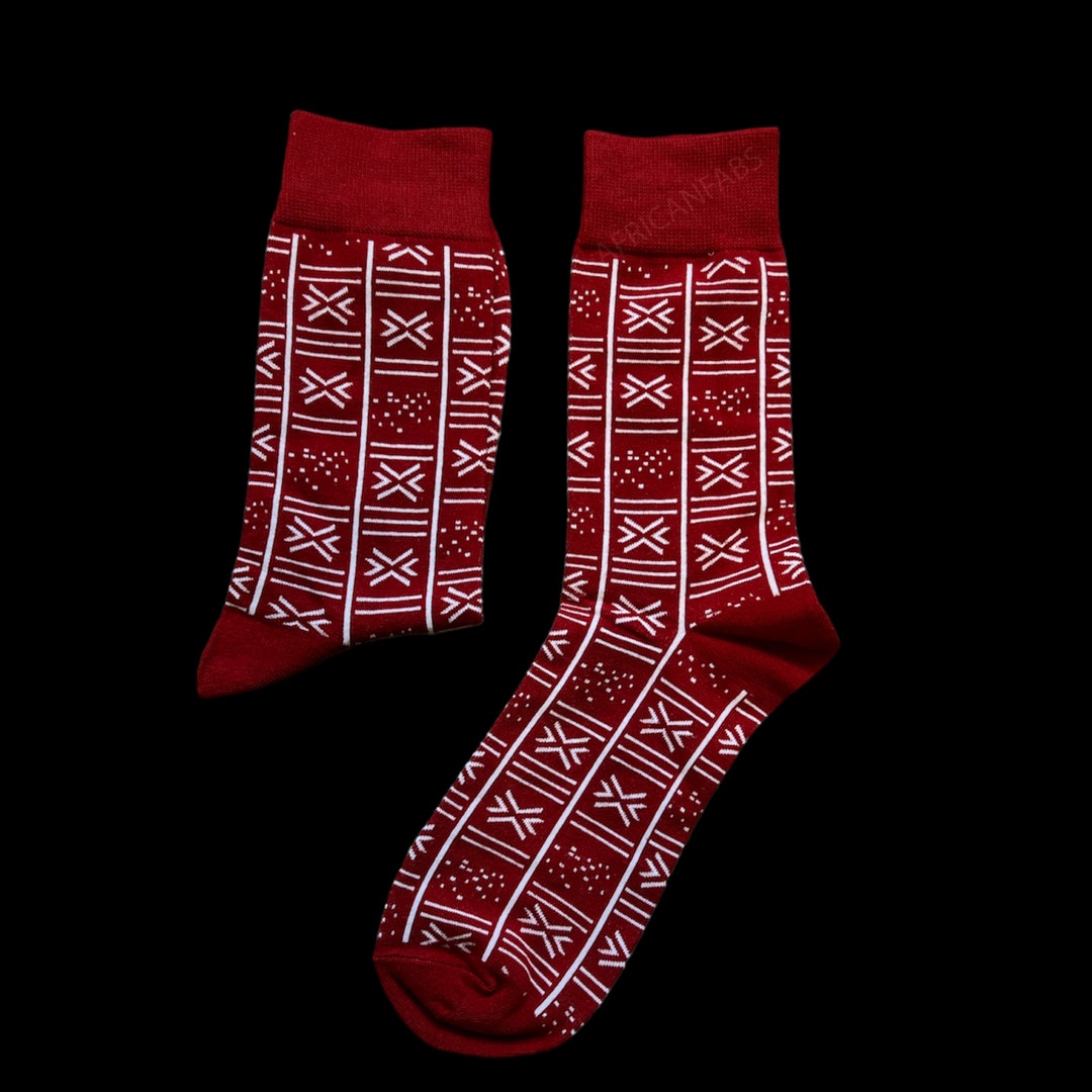African Socks / Afro Socks / Bogolan Socks Dark Red African Print Socks