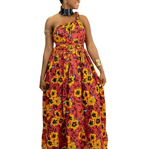 African Print Maxi Dress Infinity Multiway Red Flowers - Ankara dress / African style clothing