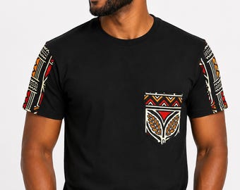 Men's Slim Fit Cotton T-shirt with African print details - Red Bogolan Symbols Pocket