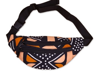 Afrikanischer Print Fanny Pack - Schwarz / Orange Bogolan - Ankara Taillentasche / Bauchtasche / Festivaltasche mit verstellbarem Riemen