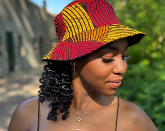Bucket hat / Fisherman hat with African print - Red & Yellow Concentric Circle Design - Kids and Adults sizes (Unisex)