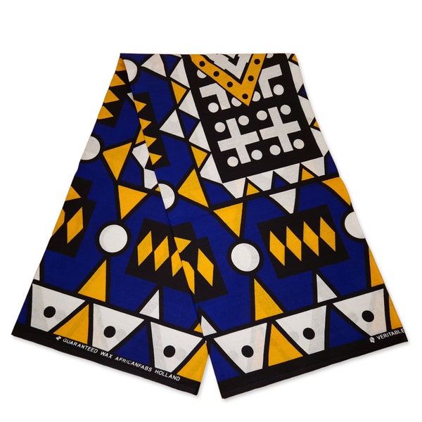 Tissu imprimé africain - Bleu Jaune Samakaka / Samacaca (Angola) - Tissu imprimé wax / Tissu africain / Matière Ankara - 100% coton