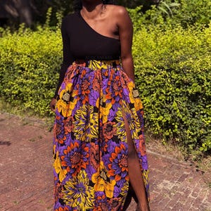 African print maxi skirt with slit - Yellow & Purple Flowers - wax maxi skirt, ankara skirt, African fabric clothing