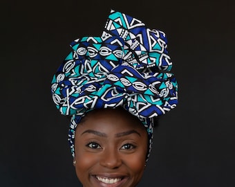 African headwrap - Blue / white bogolan - 100% cotton Ankara print fabric turban / scarf / headband / headtie / wrap