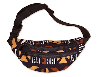 African Print Fanny Pack - Brown bogolan - Ankara Waist Bag / Bum bag / Festival Bag with Adjustable strap