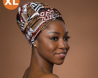 XL Easy headwrap - Satin lined hair bonnet with straps - Brown Bogolan Mosaic - African turban / pre wrapped head wrap