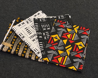 4 Fat Quarters – Bogolan Mix Quiltstoffe/Patchworkstoffe – Stoffaufnäher mit afrikanischem Aufdruck im Bündel