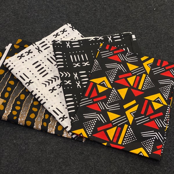 4 Fat quarters - Bogolan Mix Quilting fabrics / Patchwork fabrics - African print fabric patches bundle