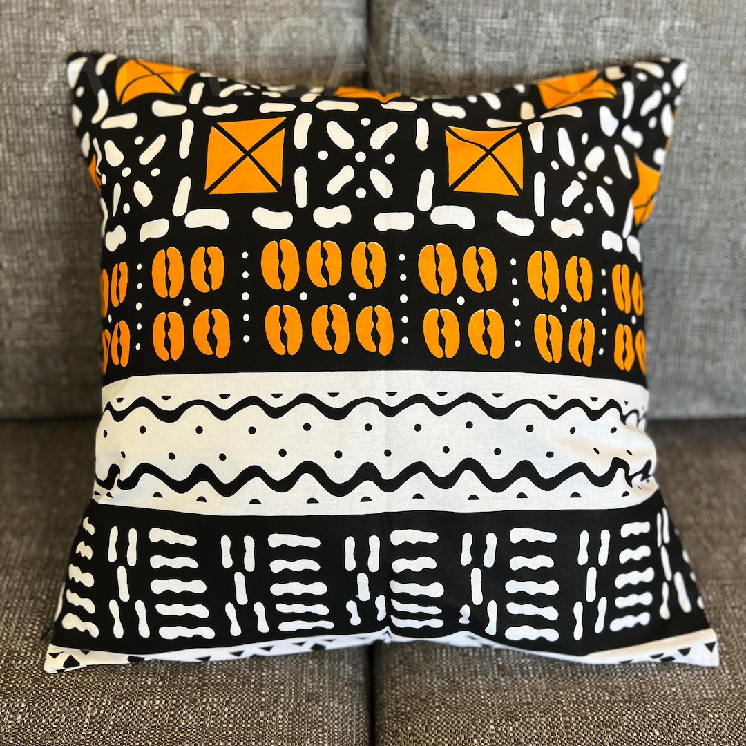 African Pillow Cover White / Yellow Bogolan / Mud Cloth Decorative Pillow 45x45cm African Print