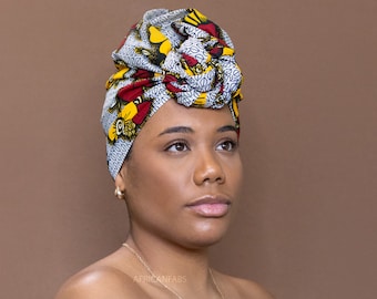 Afrikanischer Kopfwickel - Rote / gelbe Blumen - 100 % Baumwolle, Ankara-Druckstoff, Turban / Schal / Stirnband / Kopfbinde / Wickeltuch