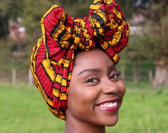 Afrikanische rot/gelb Zucker Rohr Pflanze Vlisco Kopftuch/Kopftuch-Wachs-Print Schal/Kopf wickeln/Bandana-Stirnband Baumwolle/Ankara Stoff