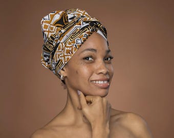 Easy headwrap - African print Satin lined hair bonnet - Khaki Bogolan Mosaic - Semi Pre-Tied turban