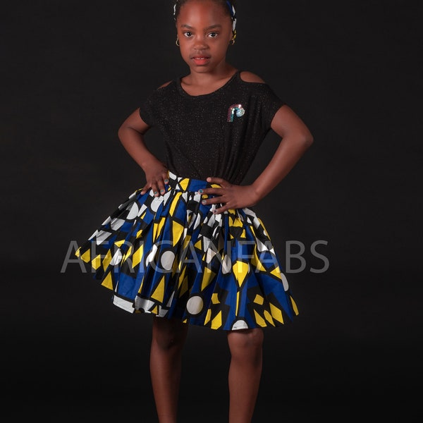 Imprimé africain Jupe enfant + Coiffure avec arc en Bleu Samakaka ( 1 - 10 ans ) - Ankara mode enfants