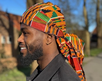 Durag / Du-rag / Do-rag / Bandana - African print cotton - Unisex - Yellow / green Kente