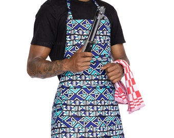 African print Apron - Blue Bogolan - (kitchen apron for cooking, bbq, gardening, hobby)