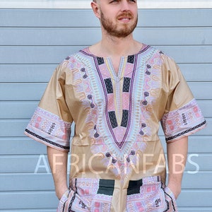 Beige Dashiki Shirt / Dashiki Dress - African print top - Unisex - Vlisco