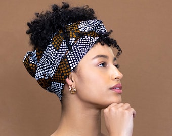 African headwrap - Mustard / brown diamonds - 100% cotton Ankara print fabric turban / scarf / headband / headtie / wrap