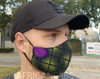 African print Mouth mask / Face mask made of Vlisco fabric (Premium model) Unisex - Green Purple butterflies
