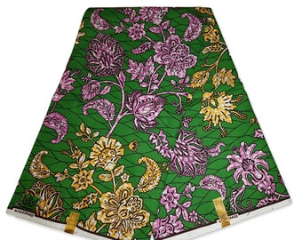 African fabric - Green Flowers - Super Wax fabric - Ankara Cotton Fabrics - African Wax cloth by the yard - Mitex Holland