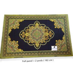 May include: A black fabric panel with a gold and green floral pattern. The fabric has a diamond-shaped design in the centre with a smaller floral pattern. The fabric is 2 yards (182 cm) long.