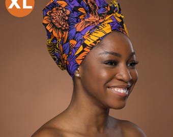 XL Easy headwrap - Satin lined hair bonnet with straps - Yellow Purple Flowers - African turban / pre wrapped head wrap