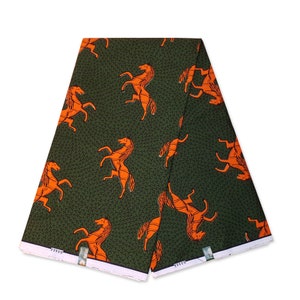 Vlisco Wax Hollandais - Dark Green / Orange JUMPING HORSE- African Wax print fabric - Ankara Cotton Fabrics - African Wax cloth by the yard