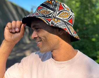 Bucket hat / Fisherman hat with African print - Red & Orange Bogolan Symbols - Kids and Adults sizes (Unisex)