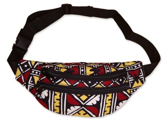 African Print Fanny Pack - Maroon / Jaune bogolan - Ankara Waist Bag / Bum bag / Festival Bag with Adjustable strap
