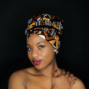 Easy headwrap - Satin lined hair bonnet with straps - Mud Black / Brown - African turban / pre wrapped head wrap