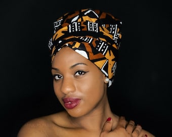 Easy headwrap - Satin lined hair bonnet with straps - Mud Black / Brown - African turban / pre wrapped head wrap