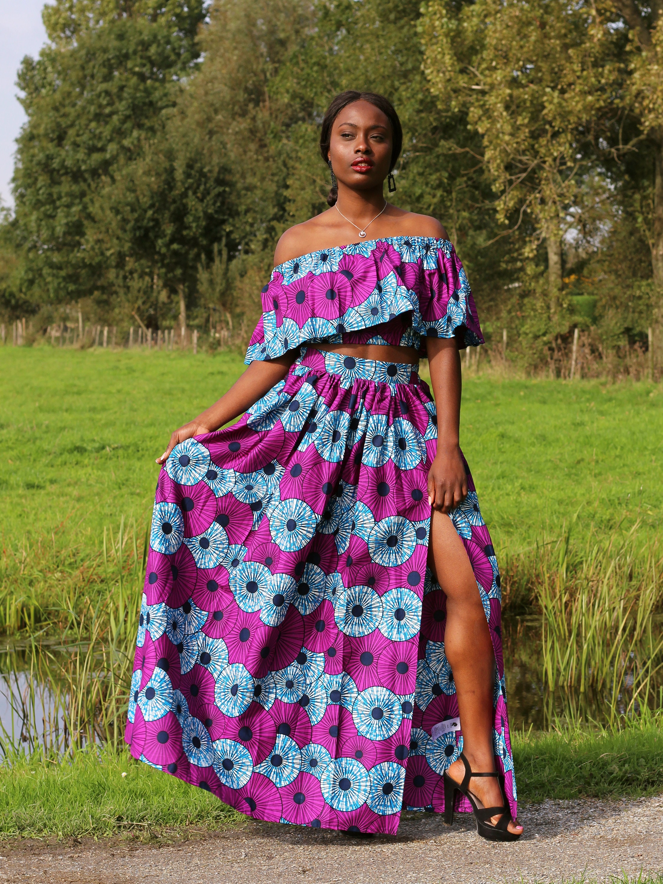 African Print Purple / Blue Two Piece 