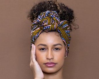 Afrikanisches Kopftuch - Senfwelle - Turban / Schal / Stirnband / Kopfband / Wickeltuch aus 100 % Baumwolle mit Ankara-Druck