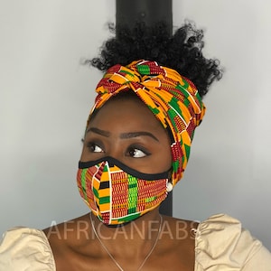 Afrikanischer Headwrap Gesichtsmaske Premium Set Passendes Afrikanisches Print Mundmasken Set Kente Print Bild 1