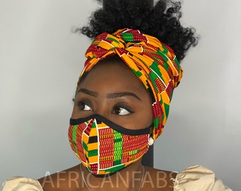 Afrikanischer Headwrap + Gesichtsmaske (Premium Set) Passendes Afrikanisches Print Mundmasken Set - Kente Print