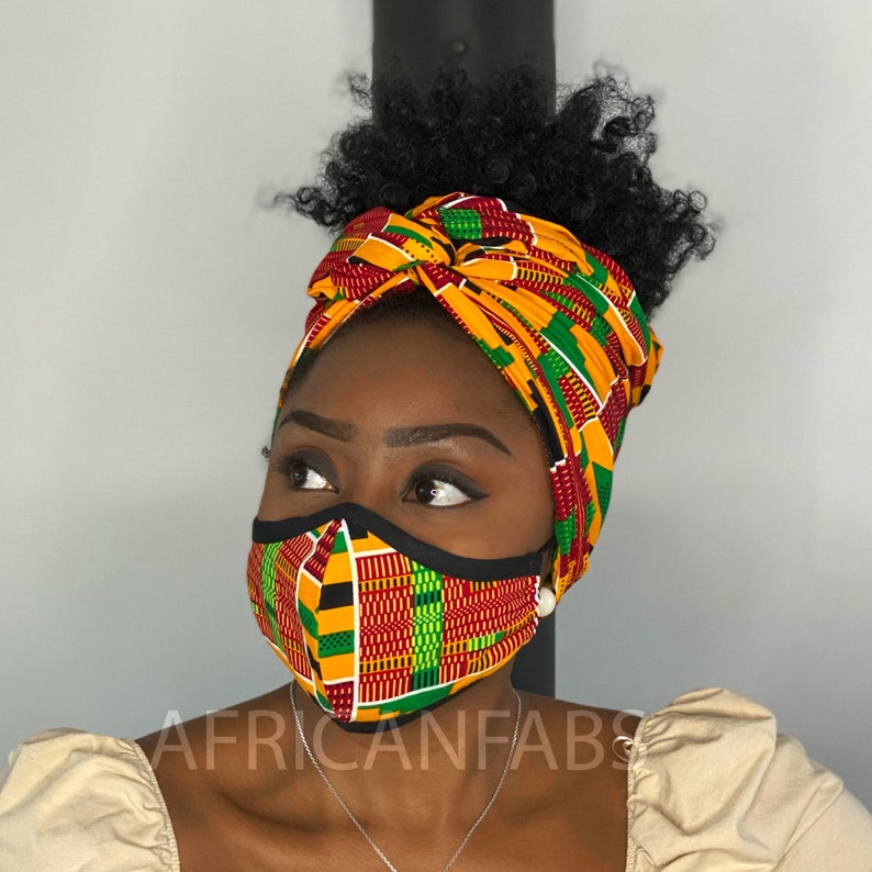 Afrikanischer Headwrap Gesichtsmaske Premium Set Passendes Afrikanisches Print Mundmasken Set Kente Print Bild 1