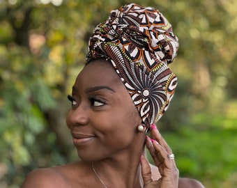 African headwrap - Brown / white - 100% cotton Ankara print fabric turban / scarf / headband / headtie / wrap