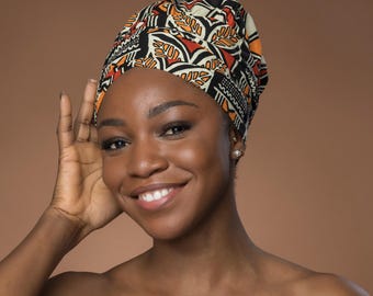 Easy headwrap - African print Satin lined hair bonnet - Red & Orange Bogolan Symbols - Semi Pre-Tied turban