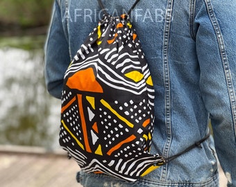 African Print Drawstring Bag / Gym Sack / School bag / Ankara Backpack / Festival Bag - Yellow / orange bogolan