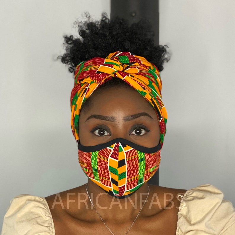 Afrikanischer Headwrap Gesichtsmaske Premium Set Passendes Afrikanisches Print Mundmasken Set Kente Print Bild 2