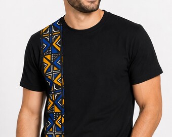 Men's Slim Fit Cotton T-shirt with African print details - Blue Bogolan Geometry Band