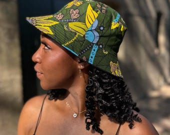 Bucket hat / Fisherman hat with African print - Dark Green & Yellow Botanical Flow - Kids and Adults sizes (Unisex)