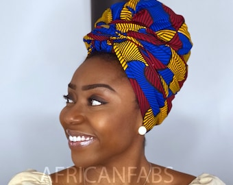 African headwrap - blue / yellow / red Santana - turban / scarf / headband / bandana - Vlisco Hollandais Wax print ankara fabric headtie