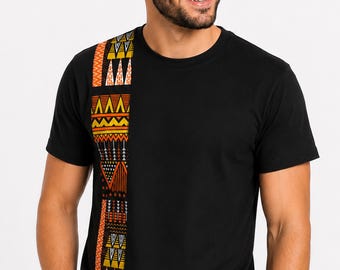 Men's Slim Fit Cotton T-shirt with African print details - Brown Earth Heritage Band