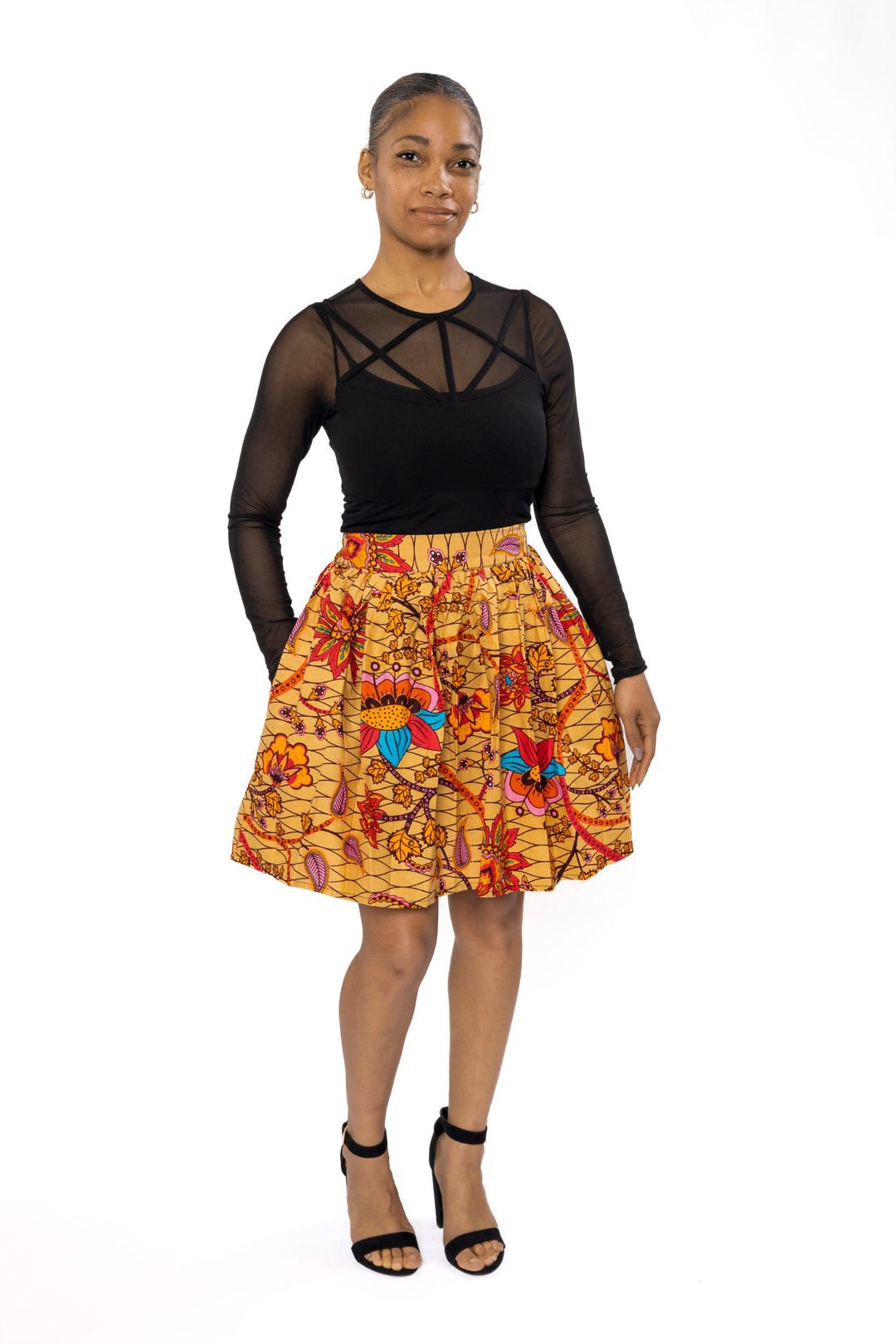 African Print Beige Orange Botanical Flow Wax Mini Skirt Short 