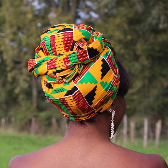 African Headwrap - Orange / Green Kente Print - African Turban