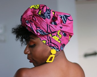African headwrap - Pink / yellow flowertrail flower Vlisco bandana / turban / scarf / headband -  Hollandais Wax print ankara fabric headtie