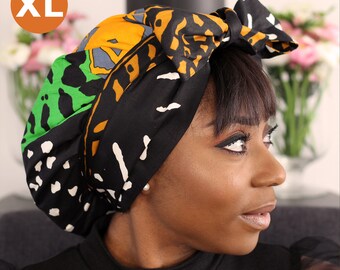 XL Easy Headwrap – Satingefütterte Haarhaube mit Trägern – Grüner Bogolan – Afrikanischer Turban / vorgewickelter Kopfwickel