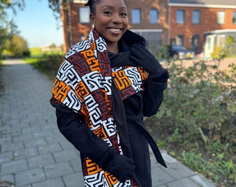 African print Warm Fleece Winter scarf for Adults Unisex - Brown & Yellow-Orange Kuba Blocks