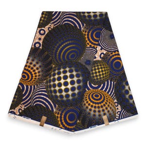 Tela africana estampada con cera - Patrón de orbe cósmico azul y naranja - Telas de algodón Ankara - Tela africana estampada con cera por metro